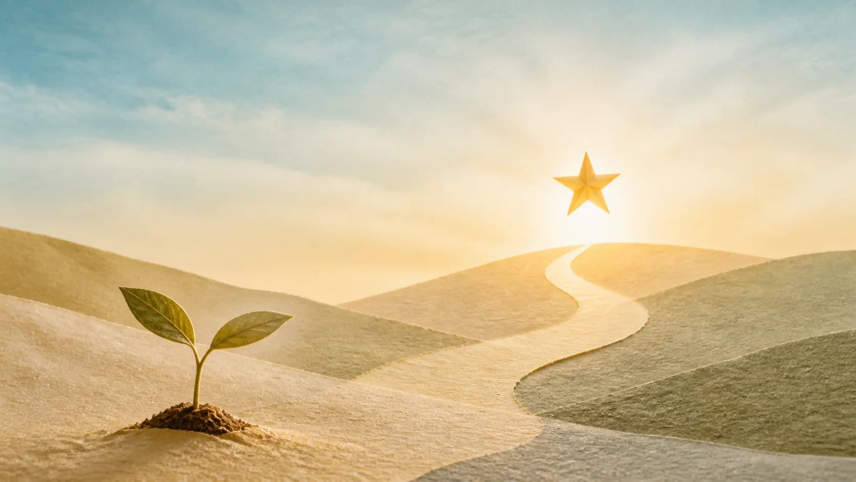 Caminho de papel iluminado, broto verde e estrela dourada no horizonte