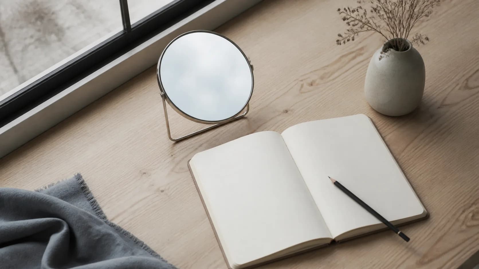 Caderno aberto, lápis e pequeno espelho sobre uma mesa clara