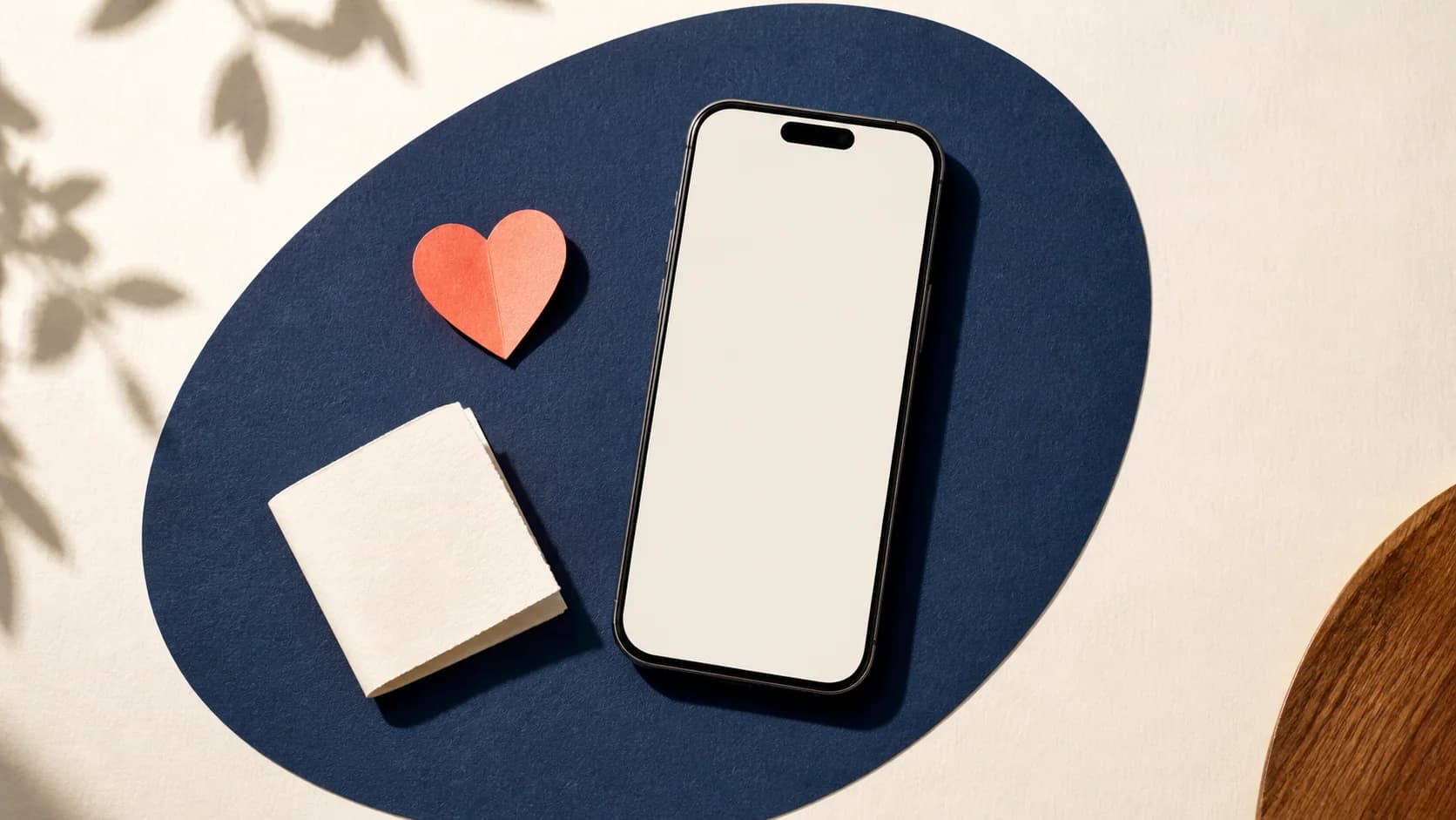 Celular sem interface ao lado de coração de papel e pequeno bilhete