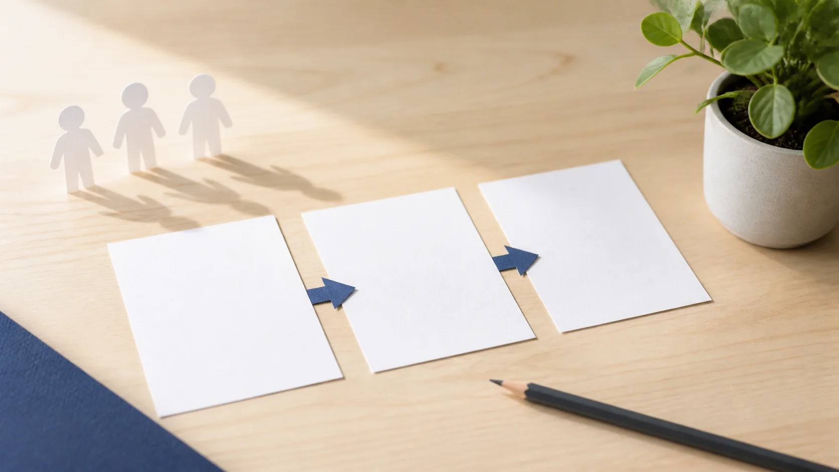 Cartões de papel conectados por setas em uma mesa de trabalho clara